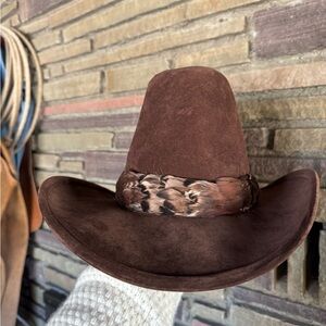 Brown Suede Cowboy Hat with Feather Band
